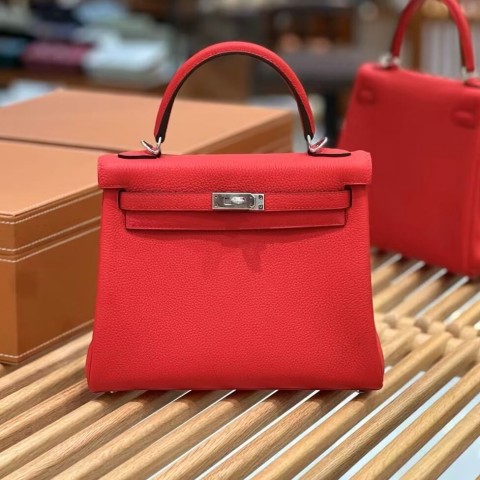 Hermès Kelly 25 Retourne Rouge Casaque Togo Palladium Hardware