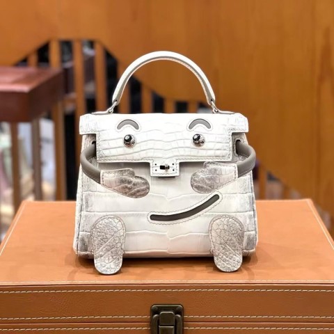 Hermès Kelly Doll Bag 20cm, Blanc White Matte Himalayan Crocodile Leather, Etoupe Swift Accents