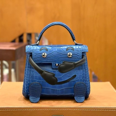 Hermès Kelly Doll Bag 20cm, Blue Hydra Matte Alligator Leather, Noir Swift Accents