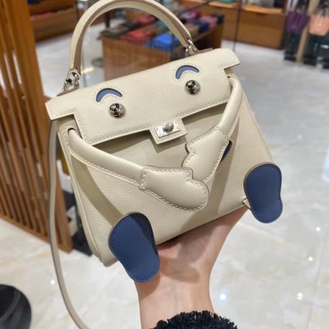 Hermès Kelly Doll Bag 20cm, Craie Swift Leather, Blue Jean Accents
