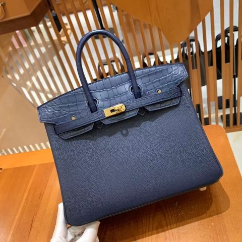 Hermès Birkin 35 Bleu Nuit Clemence and Crocodile Niloticus Bleu Nuit Touch Bag with Gold Hardware