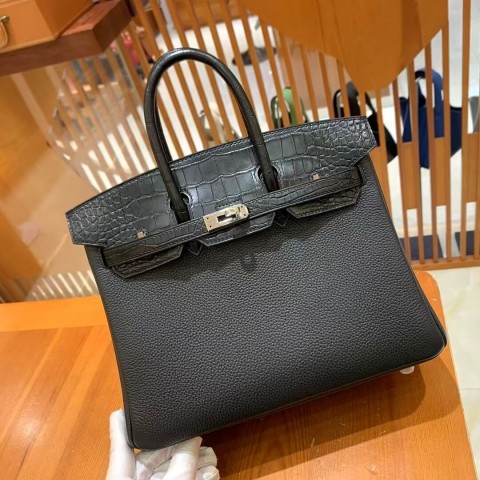 Hermès Birkin 30 Noir Clemence and Crocodile Niloticus Noir Touch Bag with Palladium Hardware