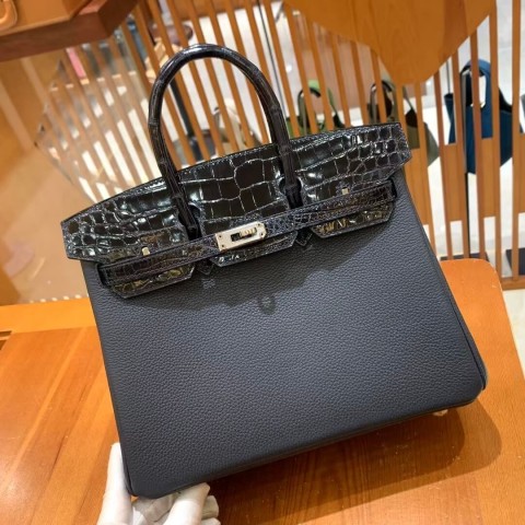 Hermès Birkin 25 Black (Noir) Clemence and Crocodile Niloticus Black Bag with Palladium Hardware