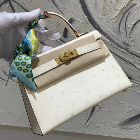 Hermès Kelly II Nata Cream White Ostrich Clutch Bag with Strap