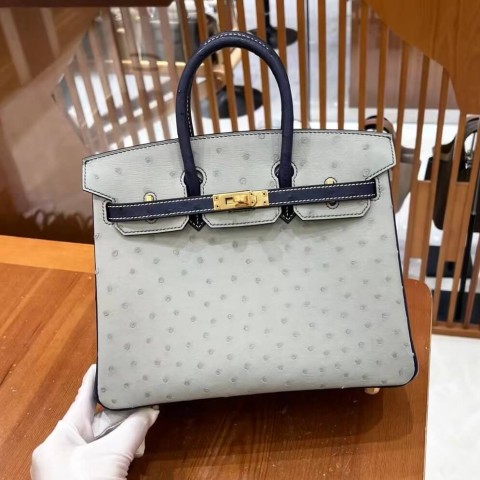 Hermès Birkin 25 Beton & Bleu Marine Ostrich with Gold Hardware (Bicolor)