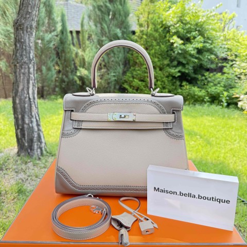Hermès Kelly 28 Gris Tourterelle & Etoupe Swift/Box Brogue with Palladium Hardware (In & Out Limited Edition)
