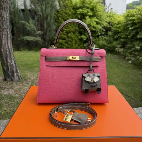 Hermes Kelly28 Rose Mexico Kelly25 Epsom with Gold Hardware & Etoupe Contrast