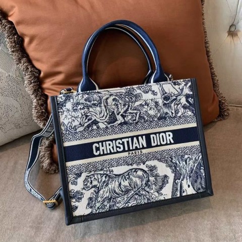 Dior Book Tote Bag – Blue Tiger Embroidery with Calfskin (Small Size 26.5×22×14 cm)