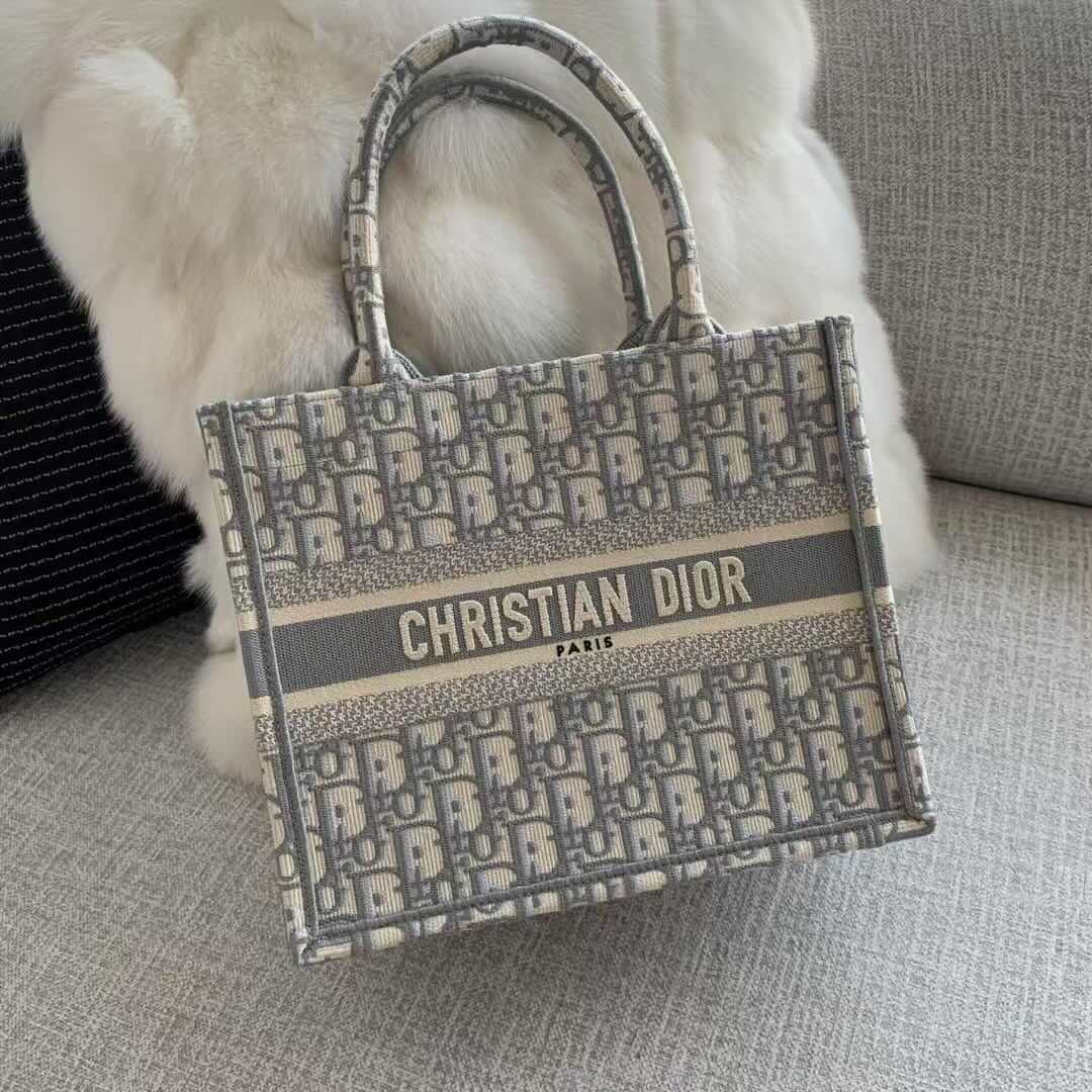 Dior Book Tote Bag – Grey Fabric (Small Size 26.5×22×14 cm)