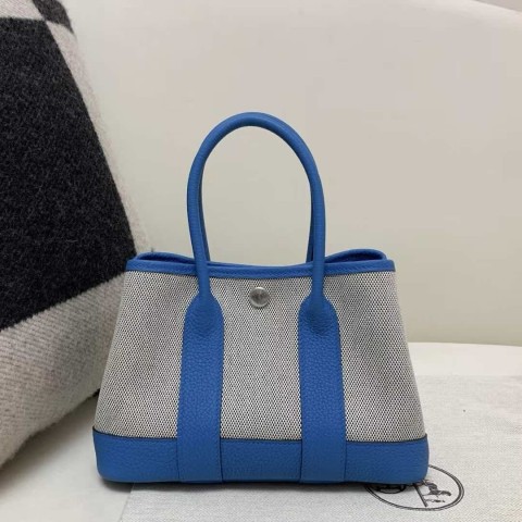 Hermès Garden Party Néo 23 in Bleu France and Toile Goéland with palladium hardware