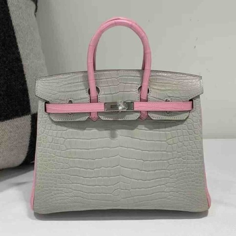 Hermès Birkin 25 HSS in Gris Perle and Rose Sakura Matte Alligator with palladium hardware