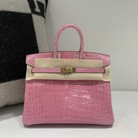 Hermès Birkin 25 Shiny Niloticus Crocodile India Pink – Gold Hardware