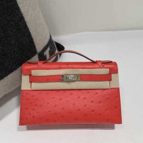 Hermès Mini Kelly I Ostrich Q5 Rouge Vif – Palladium Hardware