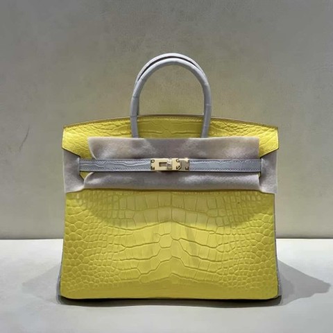 Hermès Birkin 25 Matte American Alligator Marigold with Pearl Grey – Gold Hardware