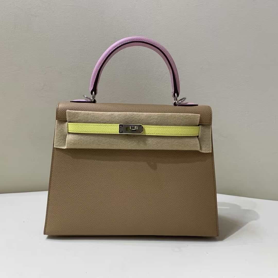 Hermès Kelly 25 Epsom Milk Tea + Mauve Sylvestre + Lemon Yellow – Palladium Hardware