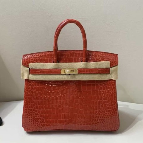 Hermès Birkin 25 Shiny Porosus Crocodile Ferrari Red – Gold Hardware