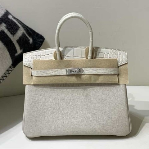 Hermès Birkin 25 Touch Togo with Crocodile 8L Beton – Palladium Hardware