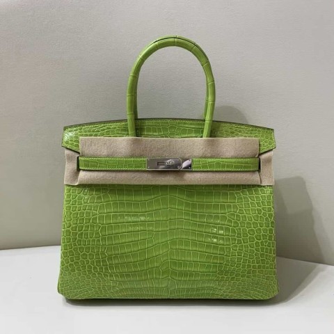 Hermès Birkin 30 Shiny Porosus Crocodile Apple Green – Palladium Hardware