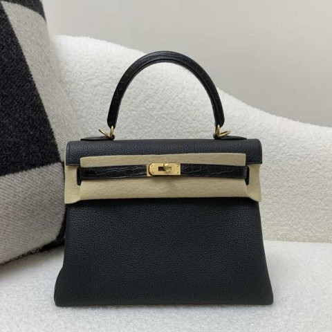Hermès Kelly 25 Touch Togo with Crocodile Black – Gold Hardware