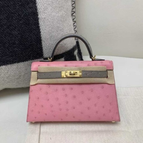 Hermès Mini Kelly II Ostrich L4 Bubblegum with Etoupe – Gold Hardware