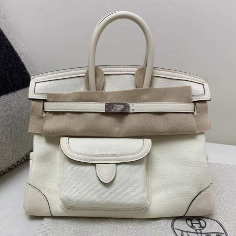 Hermès Birkin 25 Cargo in White Canvas with White Swift Leather Trim and Palladium Hardware