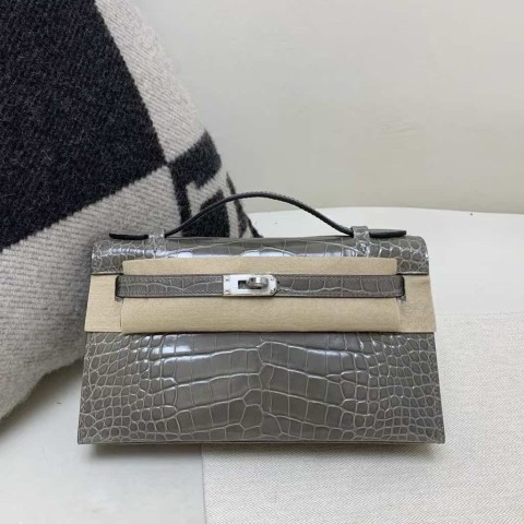 Hermès Kelly Pochette Crocodile Graphite with Palladium Hardware 
