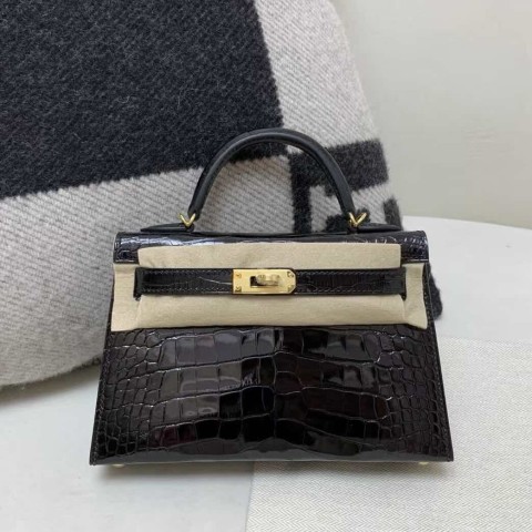 ermès Kelly Mini II 20 Shiny Niloticus Crocodile Noir with Gold Hardware