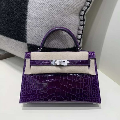 Hermès Kelly Mini II 20 Shiny Niloticus Crocodile Amethyst with Palladium Hardware