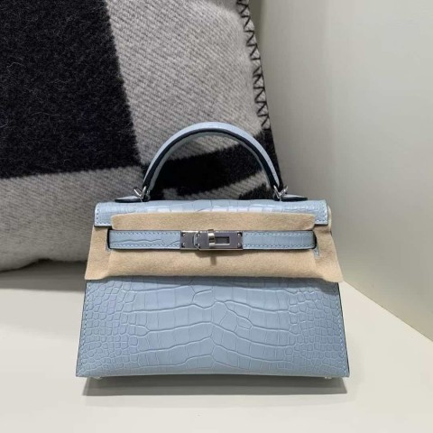 Hermès Kelly Mini II 20 Matte Niloticus Crocodile Blue Brume with Palladium Hardware