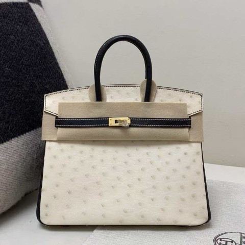 Hermès Birkin 25 Touch Nata Ostrich and Black Evercolor leather with Gold Hardware