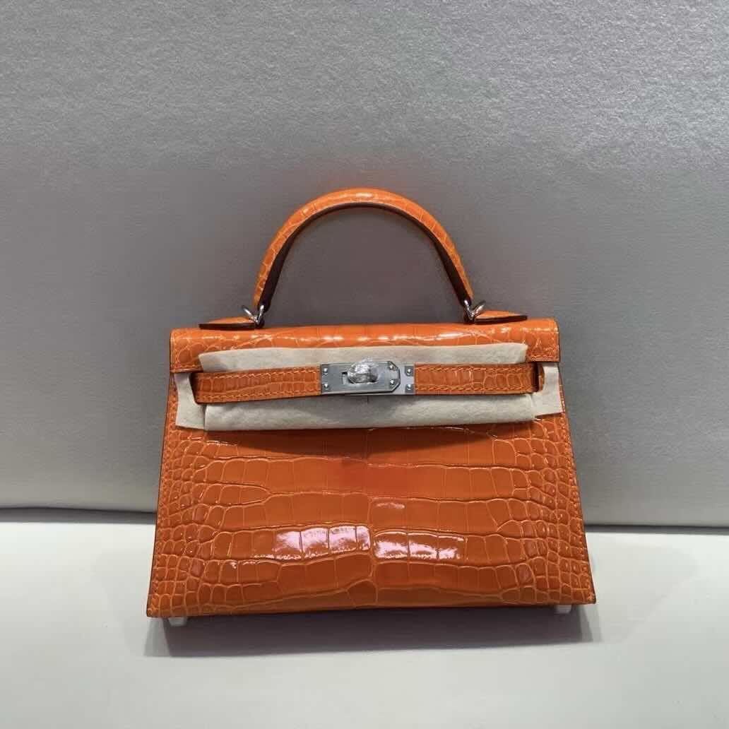 Hermès Kelly 20 Mini II Orange Shiny Alligator with Palladium Hardware