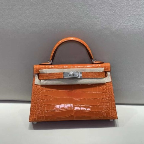 Hermès Kelly 20 Mini II Orange Shiny Alligator with Palladium Hardware