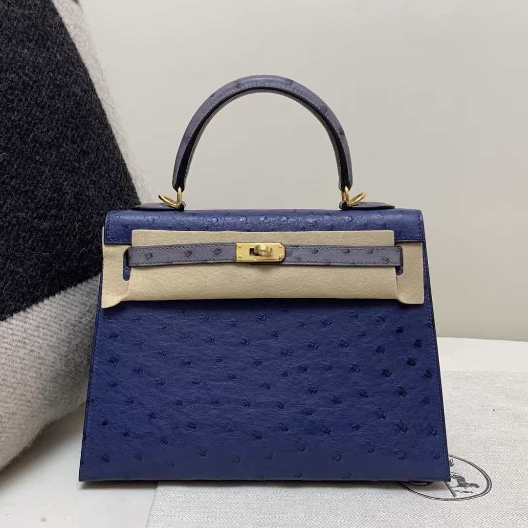 Hermès Kelly 25 Bleu Saphir Ostrich with Gold Hardware