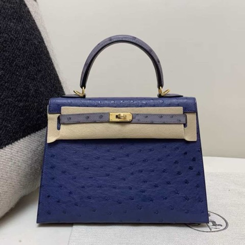 Hermès Kelly 25 Bleu Saphir Ostrich with Gold Hardware