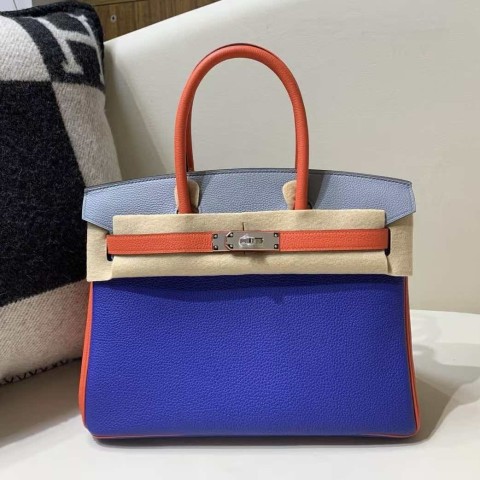 Hermès Birkin 25 HSS Blue Electric / Orange / Bleu Glacier in Togo Leather with Palladium Hardware