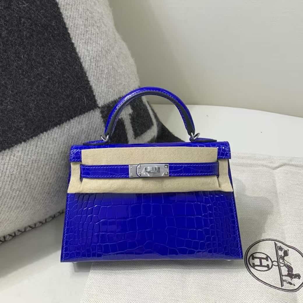 Hermès Kelly Mini II 20 Sellier Shiny Alligator Bleu Electrique with Palladium Hardware