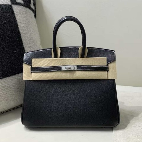 Hermès Birkin 25 Sellier Epsom Noir with White Stitch & Palladium Hardware