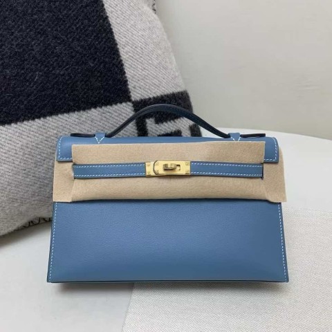 Hermès Kelly Pochette Swift Bleu de Prusse with Gold Hardware