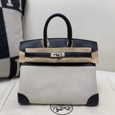 Hermès Birkin 30 Toile Goéland and Swift Leather in Noir with Palladium Hardware