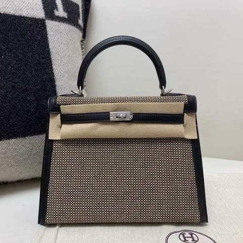 Hermès Kelly 25 Toile H and Swift Leather in Noir with Palladium Hardware