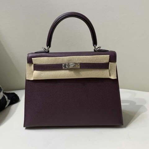Hermès Kelly 25 Sellier in Epsom Leather, Raisin, Palladium Hardware