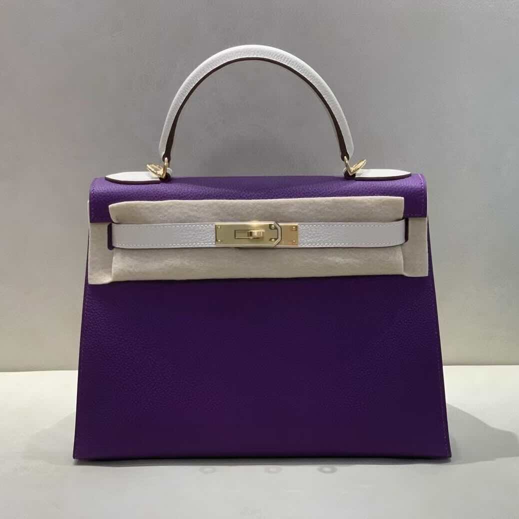 Hermès Kelly 28 Sellier Anemone & Blanc Epsom Leather / Gold Hardware