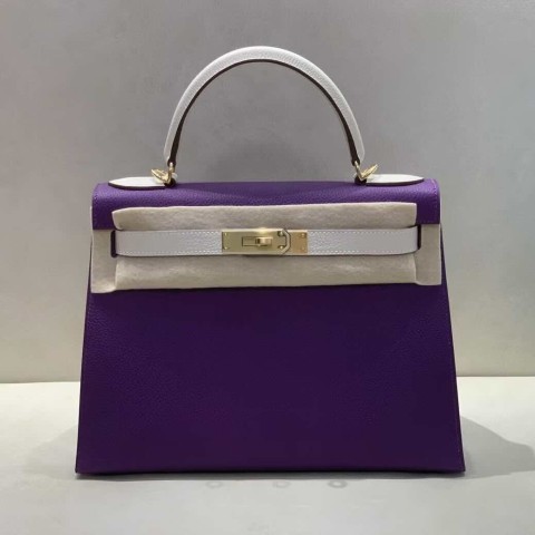 Hermès Kelly 28 Sellier Anemone & Blanc Epsom Leather / Gold Hardware