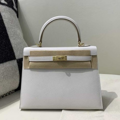 Hermès Kelly 25 Sellier Blanc Epsom Leather / Gold Hardware