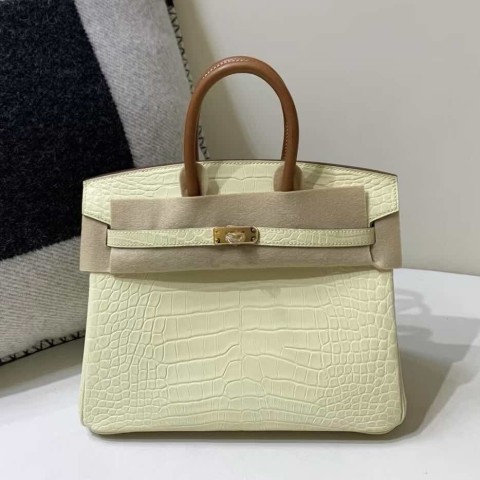 Hermès Birkin 25 Jaune Poussin Matte Niloticus Crocodile & Gold Leather Handle / Gold Hardware