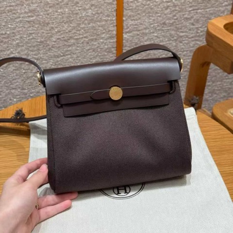Hermès Herbag Mini 20 Dark Bronze – Canvas & Cowhide
