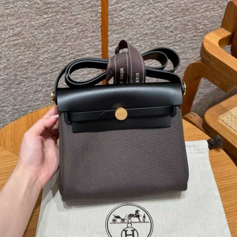 Hermès Herbag Mini 20 Dark Bronze/Noir – Canvas & Cowhide