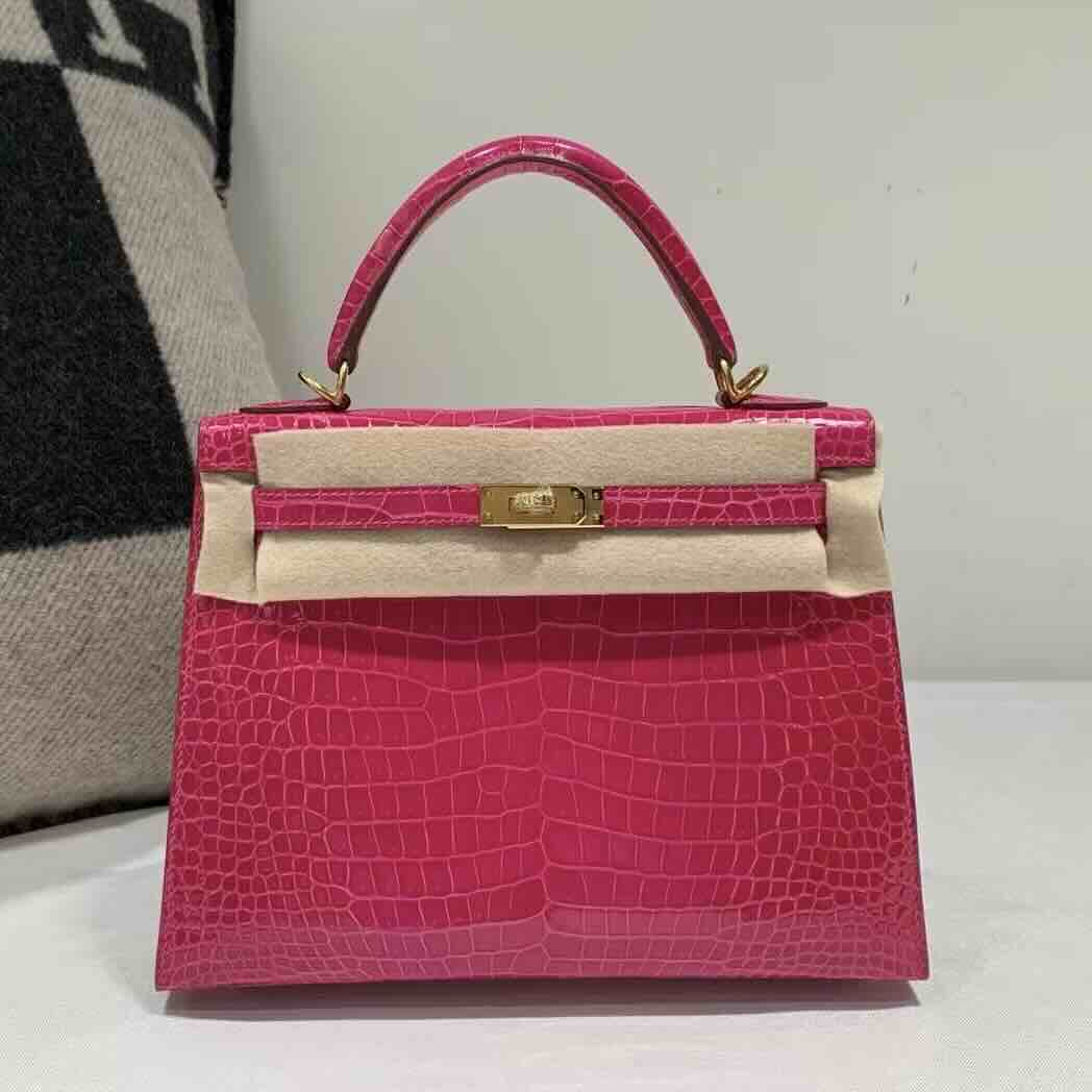 Hermès Mini Kelly II 28 Alligator Shiny Rose Shocking Gold Hardware