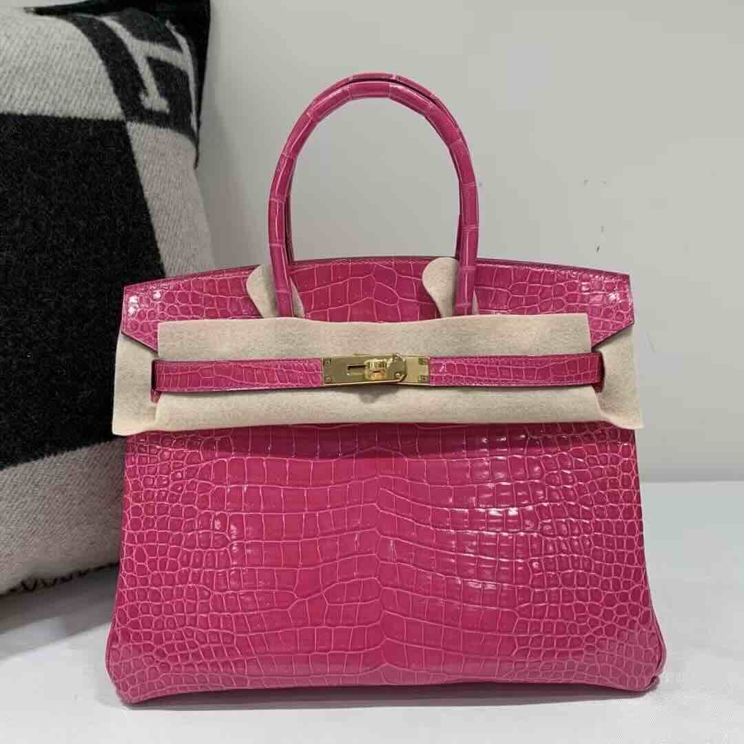 Hermès Birkin 30 Shiny Alligator Rose Shocking Gold Hardware