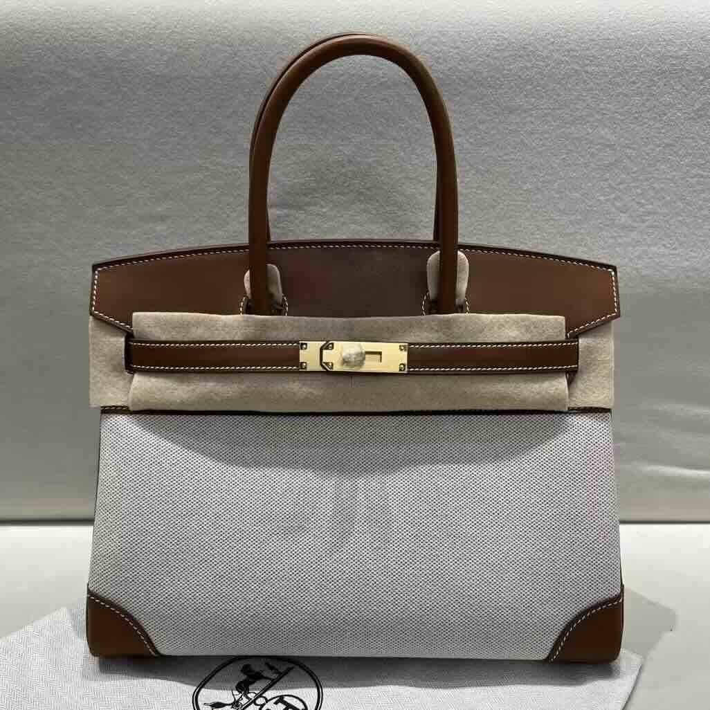 Hermès Birkin 30 Toile Goéland & Evercolor Gold Gold Hardware